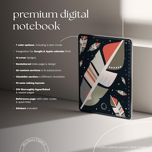 Premium digital notebook for Goodnotes and Notability with dark navy abstract feather cover. Includes 92 versatile note-taking layouts, 12 stylish cover designs, and 7 aesthetic color options