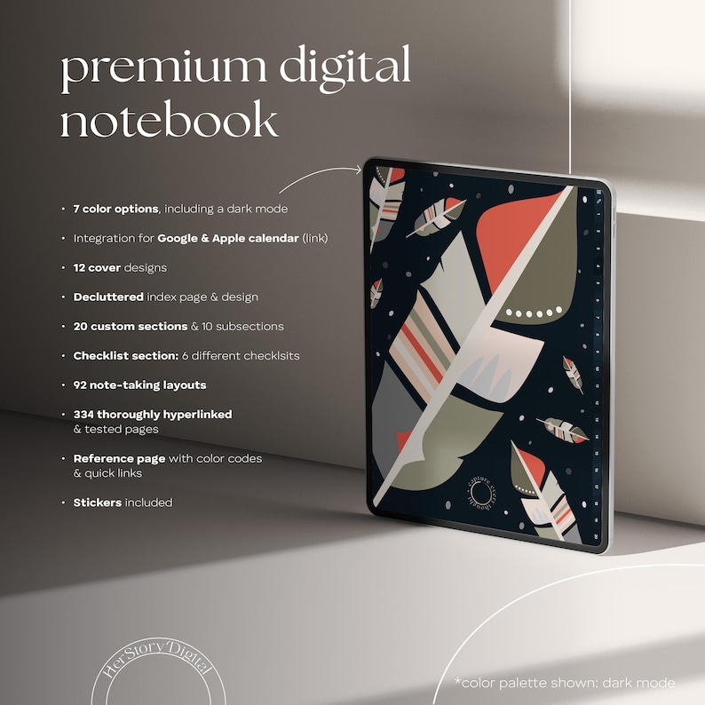 Premium digital notebook for Goodnotes and Notability with dark navy abstract feather cover. Includes 92 versatile note-taking layouts, 12 stylish cover designs, and 7 aesthetic color options