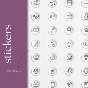 includes a collection of white, circular stickers with black line art icons. Icons include a paint palette, graduation cap, money, and a lightbulb. The word "stickers" is written vertically in white on a purple background, with the text "120+ stickers" below.