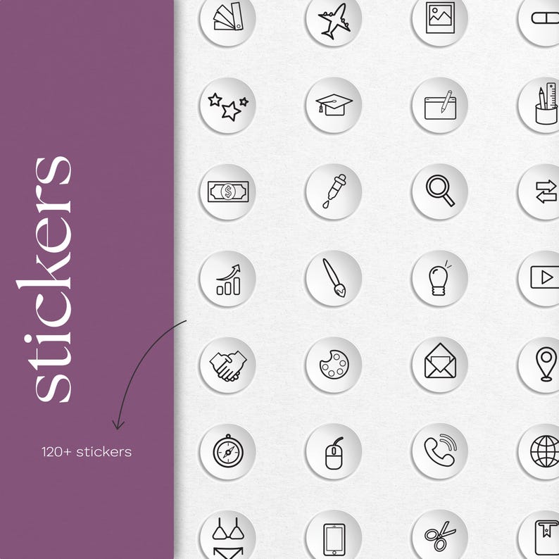 includes a collection of white, circular stickers with black line art icons. Icons include a paint palette, graduation cap, money, and a lightbulb. The word "stickers" is written vertically in white on a purple background, with the text "120+ stickers" below.