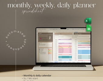 Digitale planner-spreadsheet voor Google Spreadsheets, takenlijst, maandkalender, dagschema, dagelijkse routinetaaktracker, takenplanner