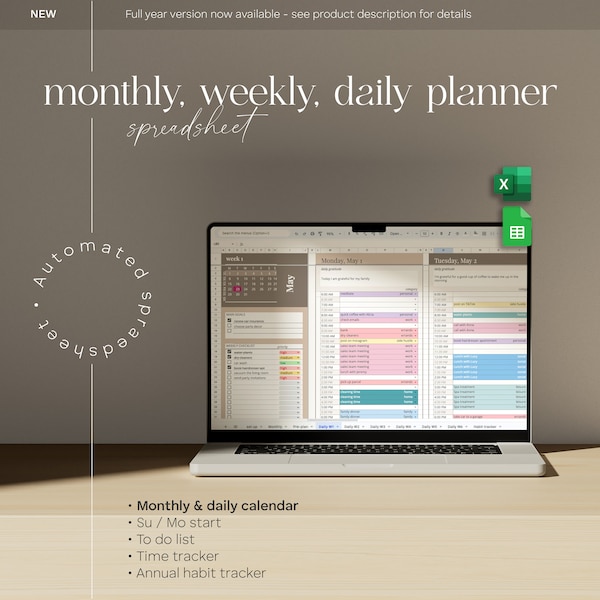 Digitale planner-spreadsheet voor Google Spreadsheets, takenlijst, maandkalender, dagschema, dagelijkse routinetaaktracker, takenplanner