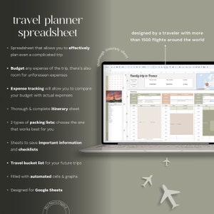 May include: A laptop computer screen displaying a spreadsheet titled "Family trip to France". The spreadsheet is a travel planner with sections for itinerary, budget, and packing lists. The spreadsheet is designed by a traveler with over 1500 flights around the world.