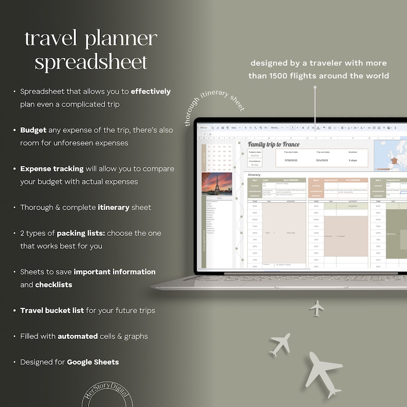 May include: A laptop computer screen displaying a spreadsheet titled "Family trip to France". The spreadsheet is a travel planner with sections for itinerary, budget, and packing lists. The spreadsheet is designed by a traveler with over 1500 flights around the world.
