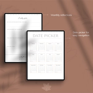 May include: A digital planner with a calendar date picker for easy navigation. The planner includes a section for monthly reflections with prompts for self-reflection.