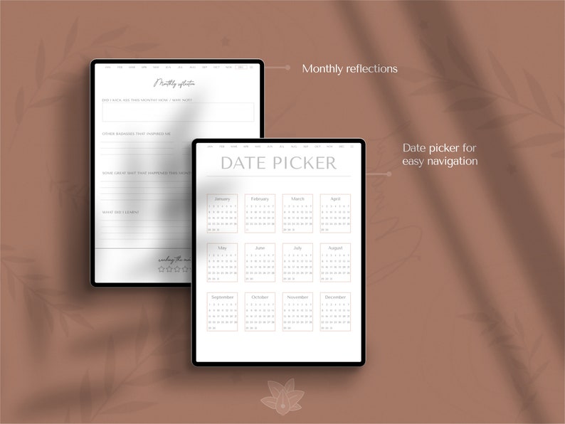 May include: A digital planner with a calendar date picker for easy navigation. The planner includes a section for monthly reflections with prompts for self-reflection.