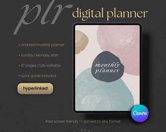 PLR Digital Planner | Undated, Monthly | Resell Rights Editable Canva Template | Done-for-you Digital Product