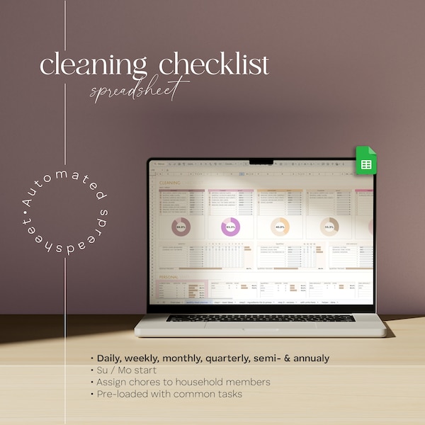 Reinigungsplan Google Sheets, Reinigungs-Checklistentabelle, Familienarbeitstabelle, To-Do-Listenplaner, tägliche, wöchentliche, monatliche Hausarbeiten