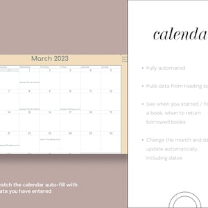 K&ouml;nnte beinhalten: Ein Kalender f&uuml;r M&auml;rz 2023 mit einem hellbeigen Hintergrund und einem wei&szlig;en Raster. Der Kalender ist so konzipiert, dass er den Leseprozess verfolgt, mit Platz zum Notieren, wann ein Buch begonnen, beendet und zur&uuml;ckgegeben wurde. Der Text "Kalender" ist oben im Bild in einer kursiven Schrift geschrieben. Der Text "Sehen Sie, wie der Kalender automatisch mit den von Ihnen eingegebenen Daten gef&uuml;llt wird" befindet sich unten im Bild.