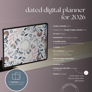 May include: A digital planner for 2026 with a floral design in pink, blue, and brown tones. The planner features a clean layout, monthly and weekly views, and templates for wellness and finance. The text on the screen says "two thousand twenty six".