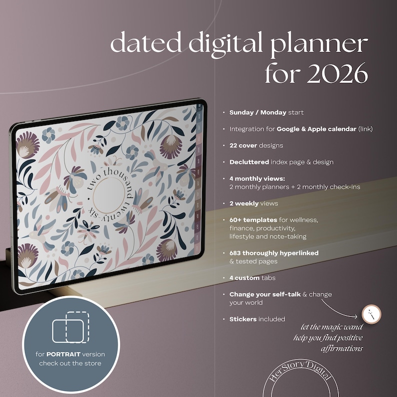 May include: A digital planner for 2026 with a floral design in pink, blue, and brown tones. The planner features a clean layout, monthly and weekly views, and templates for wellness and finance. The text on the screen says "two thousand twenty six".