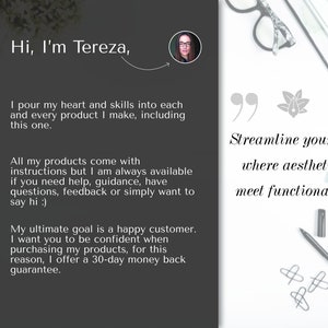 Op de afbeelding: Een zwart-wit afbeelding met tekst die luidt "Hi, I'm Tereza." De tekst gaat verder met een beschrijving van de producten van de verkoper en de klantenservice. De afbeelding bevat ook een citaat dat luidt "Streamline your life where aesthetics meet functionality."
