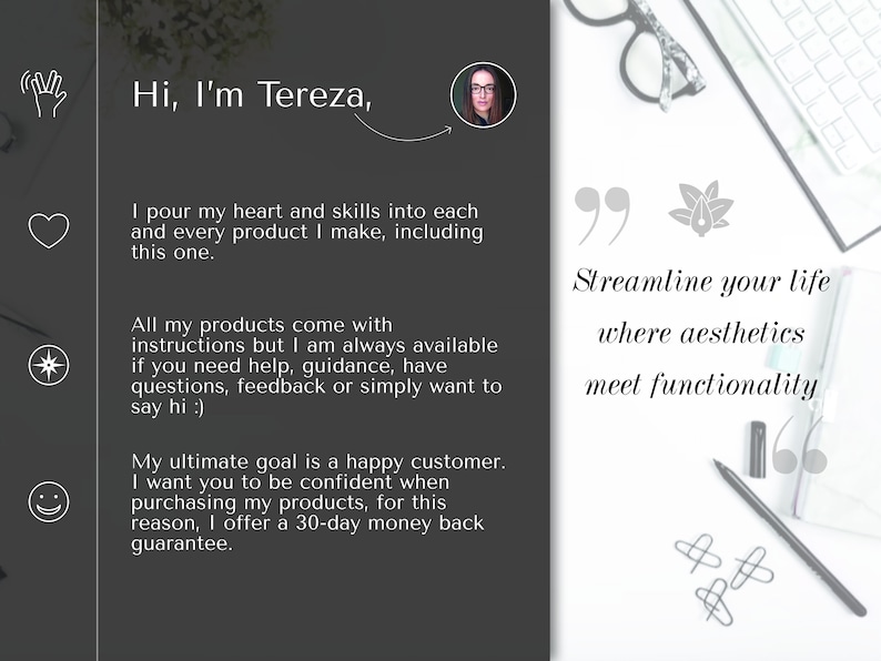 Op de afbeelding: Een zwart-wit afbeelding met tekst die luidt "Hi, I'm Tereza." De tekst gaat verder met een beschrijving van de producten van de verkoper en de klantenservice. De afbeelding bevat ook een citaat dat luidt "Streamline your life where aesthetics meet functionality."