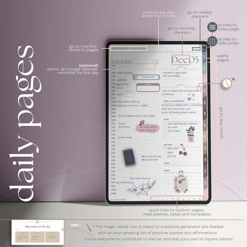 Android digital planner daily page on a tablet with a daily schedule and complimenting digital stickers, showing where hyperlink lead