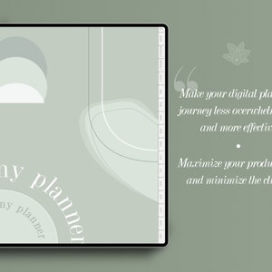 Op de afbeelding: Een mockup van een digitale planner-app met een groene achtergrond en abstracte vormen. De tekst "my planner" wordt twee keer in een cirkelvormige patroon herhaald. De tekst "Make your digital planning journey less overwhelming and more effective. Maximize your productivity and minimize the clutter." wordt weergegeven in witte tekst met aanhalingstekens.