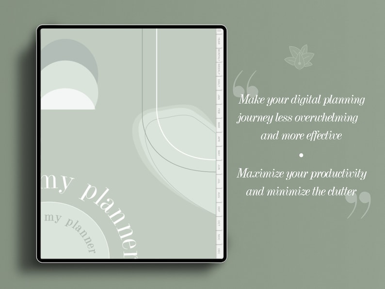 Op de afbeelding: Een mockup van een digitale planner-app met een groene achtergrond en abstracte vormen. De tekst "my planner" wordt twee keer in een cirkelvormige patroon herhaald. De tekst "Make your digital planning journey less overwhelming and more effective. Maximize your productivity and minimize the clutter." wordt weergegeven in witte tekst met aanhalingstekens.