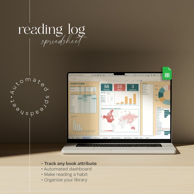 Daily Reading log spreadsheet for Google Sheets, Reading Habit Tracker, Book Tracker Template, Personal Library Excel Sheet