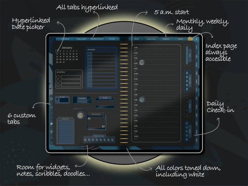 Dark Mode Digital Planner for iPad (goodnotes): Undated, Two Page ...