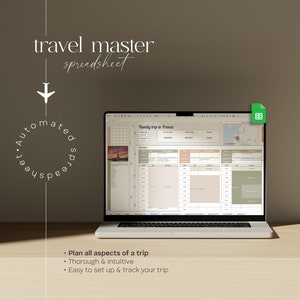 Modèle de feuille de calcul de planificateur de voyage numérique pour Google Sheets : budget de vacances, itinéraire de voyage, liste de colisage, liste de contrôle, liste de seaux