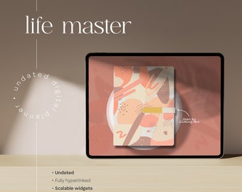 Realistischer digitaler Planer mit Aufklebern für GoodNotes • Undatierter digitaler Planer im Querformat • Horizontaler iPad-Planer mit Widgets • Boho