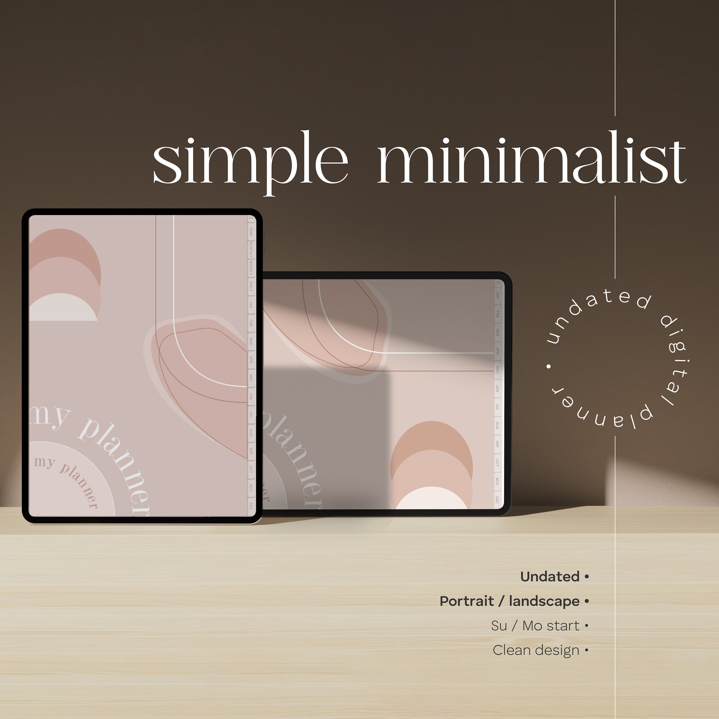 Simple Undated Digital Planner: Landscape or Portrait | for iPad & GoodNotes | Monthly, Weekly, Daily Templates | Minimalist, Professional