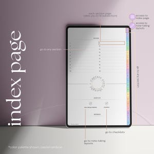 May include: A digital index page on a tablet, with the words "index page" in large, elegant font. The screen displays a list of sections and shortcuts. The color palette is pastel rainbow. Text includes "capture every thought".