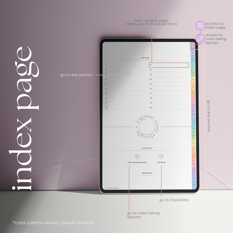 May include: A digital index page on a tablet, with the words "index page" in large, elegant font. The screen displays a list of sections and shortcuts. The color palette is pastel rainbow. Text includes "capture every thought".