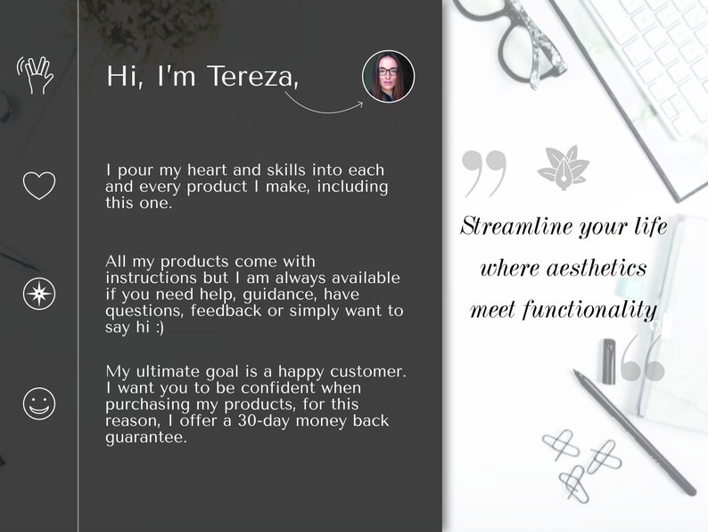 K&ouml;nnte beinhalten: Ein Schwarzwei&szlig;bild mit dem Text "Hi, I'm Tereza." Der Text setzt sich mit einer Beschreibung der Produkte und Dienstleistungen des Verk&auml;ufers fort. Das Bild enth&auml;lt auch ein Zitat, das lautet "Streamline your life where aesthetics meet functionality."