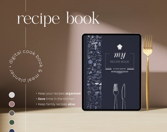 Livre de recettes numérique GoodNotes avec dessins | Livre de cuisine numérique GoodNotes | Organiseur de recettes pour iPad avec planificateur de repas hebdomadaire et liste de courses