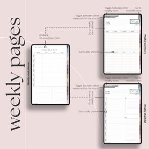 May include: Digital planner interface with weekly pages, including meal planning, weekly summary, and checklist views. The interface shows options to navigate between weeks, monthly views, and daily planners. The background is a soft pink.