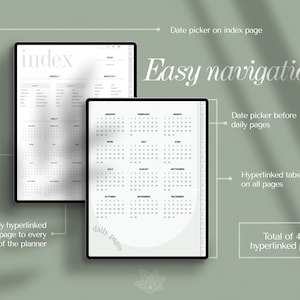 Op de afbeelding: Een digitale planner met een zwart-wit ontwerp. De planner bevat een indexpagina met een datumkiezer, een maandelijkse kalender en een dagelijkse pagina met een datumkiezer. De planner heeft in totaal 420 hyperlinks.
