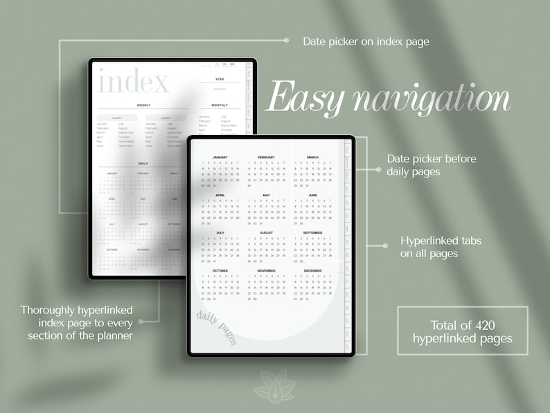 Op de afbeelding: Een digitale planner met een zwart-wit ontwerp. De planner bevat een indexpagina met een datumkiezer, een maandelijkse kalender en een dagelijkse pagina met een datumkiezer. De planner heeft in totaal 420 hyperlinks.