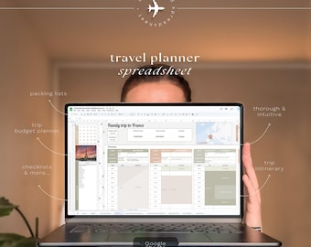 Digital Travel Planner Spreadsheet Google Sheets: All-In-One Template with Trip Itinerary & Packing List, Vacation Budget, Expense Tracker