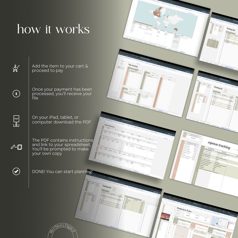 May include: A digital download of a printable travel planner with sections for trip planning, packing lists, expense tracking, and a world map. The planner is designed in a minimalist style with a light green and brown color scheme.