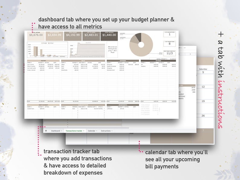 Budget spreadsheet with 3 simple tabs, easy to set up and overview