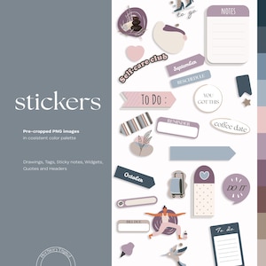 May include: A collection of stickers with a consistent color palette. The stickers include drawings, tags, sticky notes, widgets, quotes, and headers. Text includes "stickers", "Self-care club", "TO DO:", "September", "RESCHEDULE", "REMINDER", "YOU GOT THIS", "NOTES", "coffee date", "October", "DO IT", and "BILL DUE".