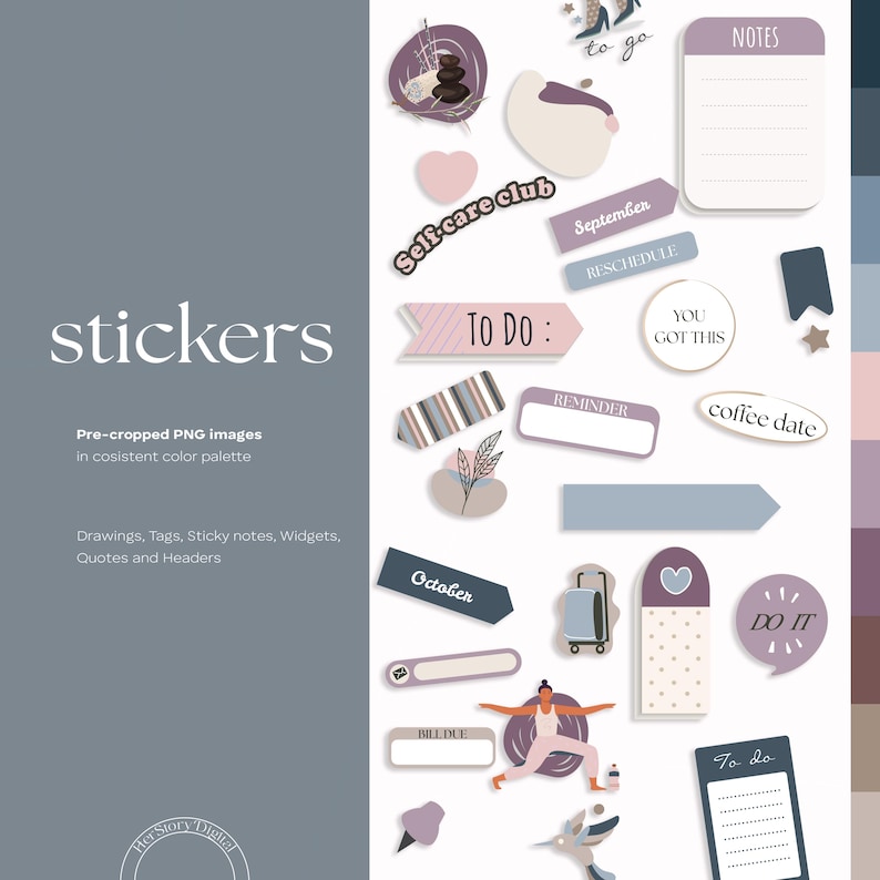 May include: A collection of stickers with a consistent color palette. The stickers include drawings, tags, sticky notes, widgets, quotes, and headers. Text includes "stickers", "Self-care club", "TO DO:", "September", "RESCHEDULE", "REMINDER", "YOU GOT THIS", "NOTES", "coffee date", "October", "DO IT", and "BILL DUE".