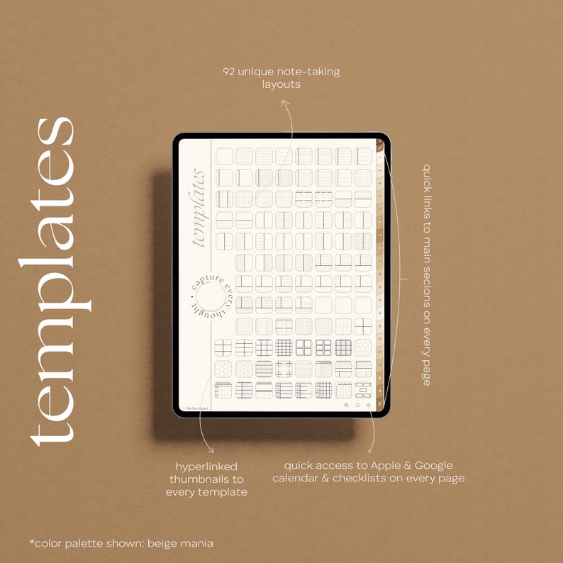A digital tablet displaying note-taking templates. The screen shows 92 unique layouts, with quick links to main sections, hyperlinked thumbnails, and access to calendars and checklists. The color palette is beige.