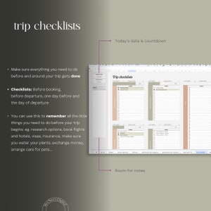 May include: A printable checklist for planning a trip. The checklist is divided into sections for before booking, before departure, one day before departure, and the day of departure. The checklist also includes a section for room notes.