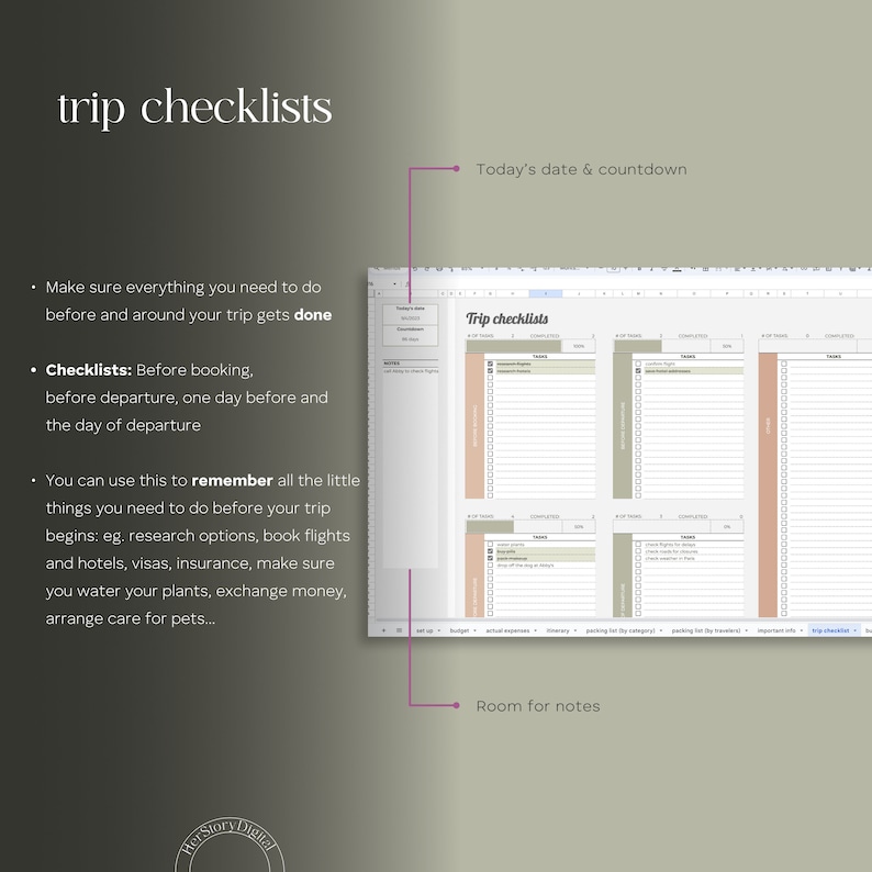 May include: A printable checklist for planning a trip. The checklist is divided into sections for before booking, before departure, one day before departure, and the day of departure. The checklist also includes a section for room notes.