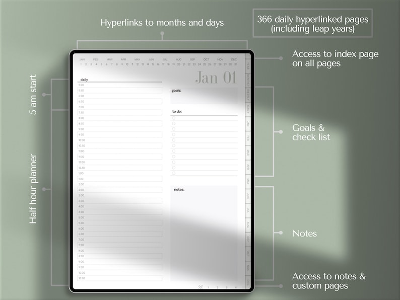 Op de afbeelding: Een digitale planner met een witte achtergrond en grijze tekst. De planner is open voor 1 januari en bevat secties voor dagelijkse taken, doelen, to-do-lijsten, notities en een checklist. De planner heeft hyperlinks naar maanden en dagen, evenals een indexpagina en aangepaste pagina's.