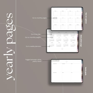 May include: Digital planner interface showcasing yearly pages, including a year-at-a-glance view, a date picker page, and a yearly goals section. The interface features navigation options to monthly and weekly planners, with a neutral color scheme.