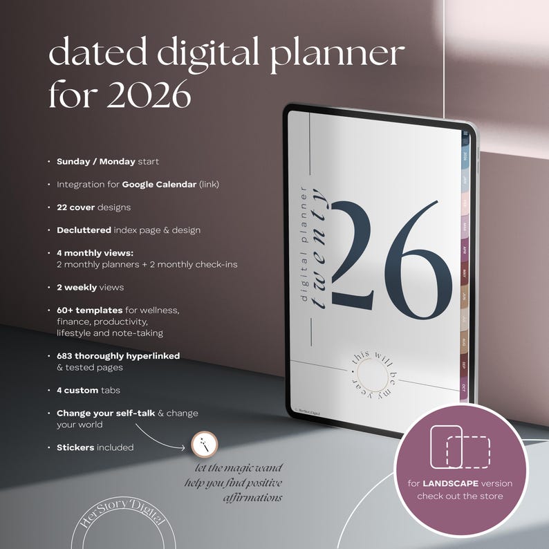 A digital planner for 2026 displayed on a tablet. The planner features a minimalist design with the number "26" prominently displayed. Additional text includes "digital planner twenty" and details about the planner's features, such as monthly and weekly views.