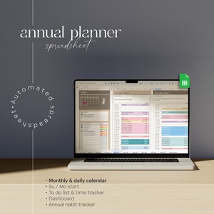 Digitale jaarlijkse spreadsheetplanner, dagelijkse takenlijst van Google Spreadsheets, maandkalender, dagelijks schema, productiviteit, doel- en taaktracker
