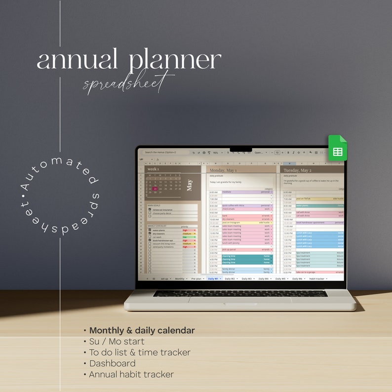 May include: A laptop computer displaying a spreadsheet with the text "annual planner spreadsheet" and a calendar for the month of May. The spreadsheet includes a daily calendar, to-do list, time tracker, dashboard, and habit tracker.