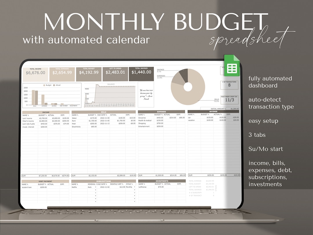 Monthly Budget Planner Spreadsheet Template for Google Sheets - Etsy