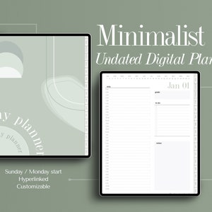 Op de afbeelding: Een digitale planner op het scherm van een tablet met een minimalistisch ontwerp. De planner is niet gedateerd en heeft een groen-wit kleurenschema. De tekst "my planner" is zichtbaar op de omslag. De planner bevat een dagelijks schema, een to-do-lijst en een notitiegedeelte. De tekst "Sunday/Monday start, Hyperlinked, Customizable" is zichtbaar onderaan het scherm.