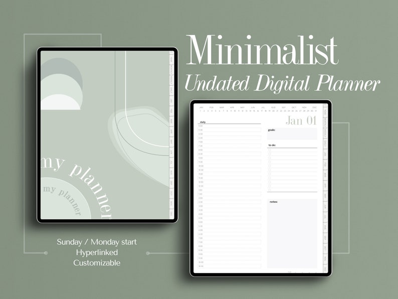 Op de afbeelding: Een digitale planner op het scherm van een tablet met een minimalistisch ontwerp. De planner is niet gedateerd en heeft een groen-wit kleurenschema. De tekst "my planner" is zichtbaar op de omslag. De planner bevat een dagelijks schema, een to-do-lijst en een notitiegedeelte. De tekst "Sunday/Monday start, Hyperlinked, Customizable" is zichtbaar onderaan het scherm.