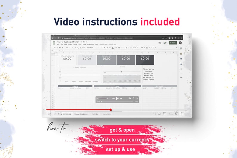 Video instructions and instruction tab is included to convert the template into any desirable currency & how to set up and use instructions
