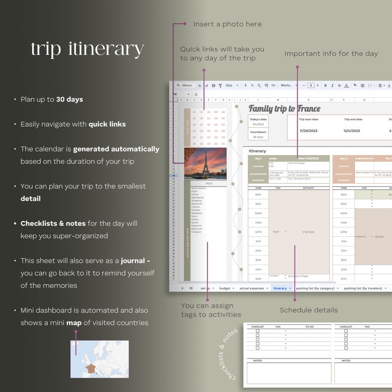 May include: A printable digital planner for organizing a family trip to France. The planner includes a calendar, itinerary, checklists, notes, and a mini map of visited countries. The planner is designed to be used with a spreadsheet program like Google Sheets.